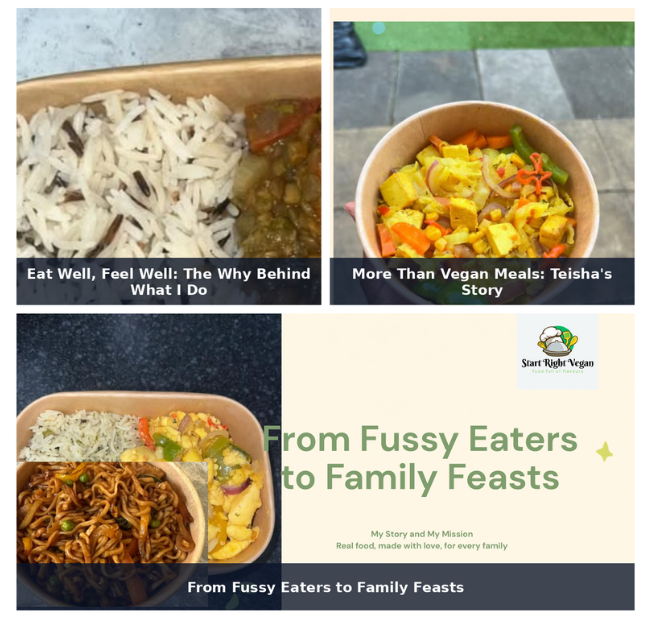 Divine Vegan Favours blog examples: Eat Well, Feel Well, Teisha's Story, and From Fussy Eaters to Family Feasts